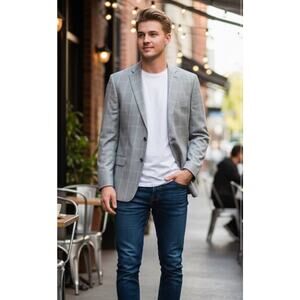 Michael Kors Men’s Gray Plaid Two Button Collared Classic Jacket Blazer 46L